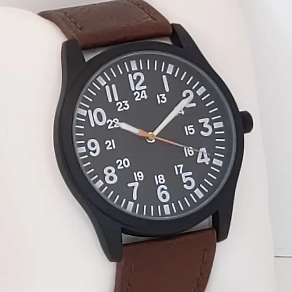 Men's Quartz Field Watch Black Case Brown Leather Strap 42mm